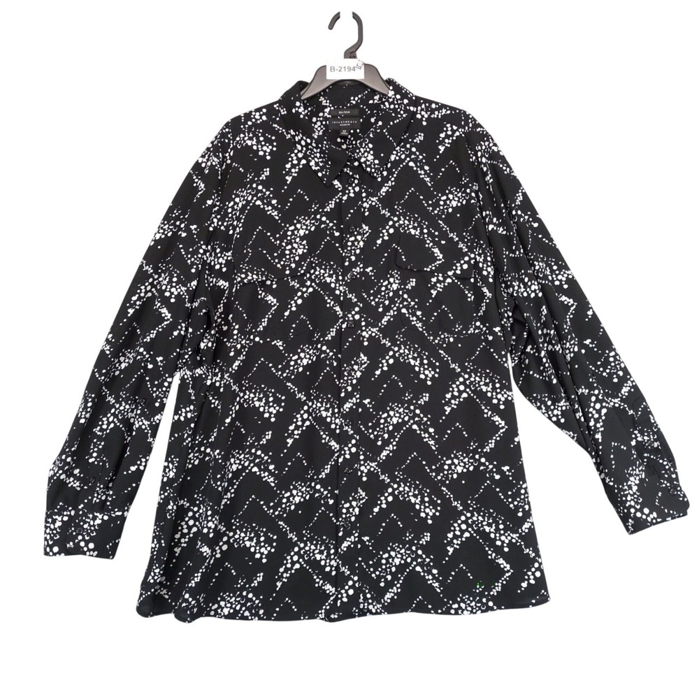 Investments Olivia Black Abstract Button Blouse Womens Plus Size 3X Roll Tab Slv